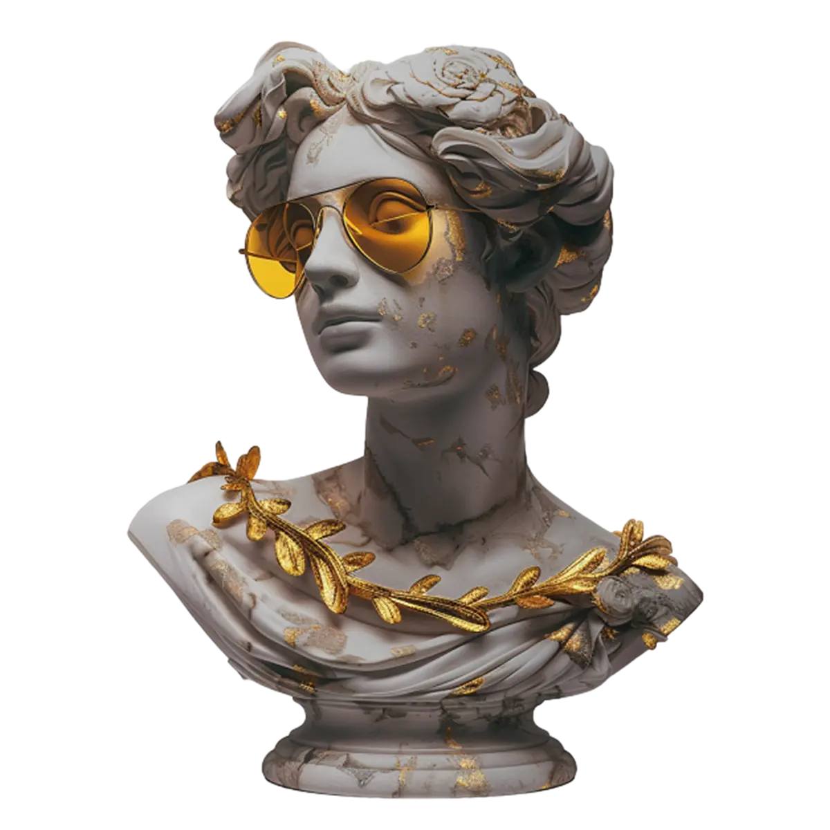 Busto de mármore em luz baixa, com óculos dourados e louro