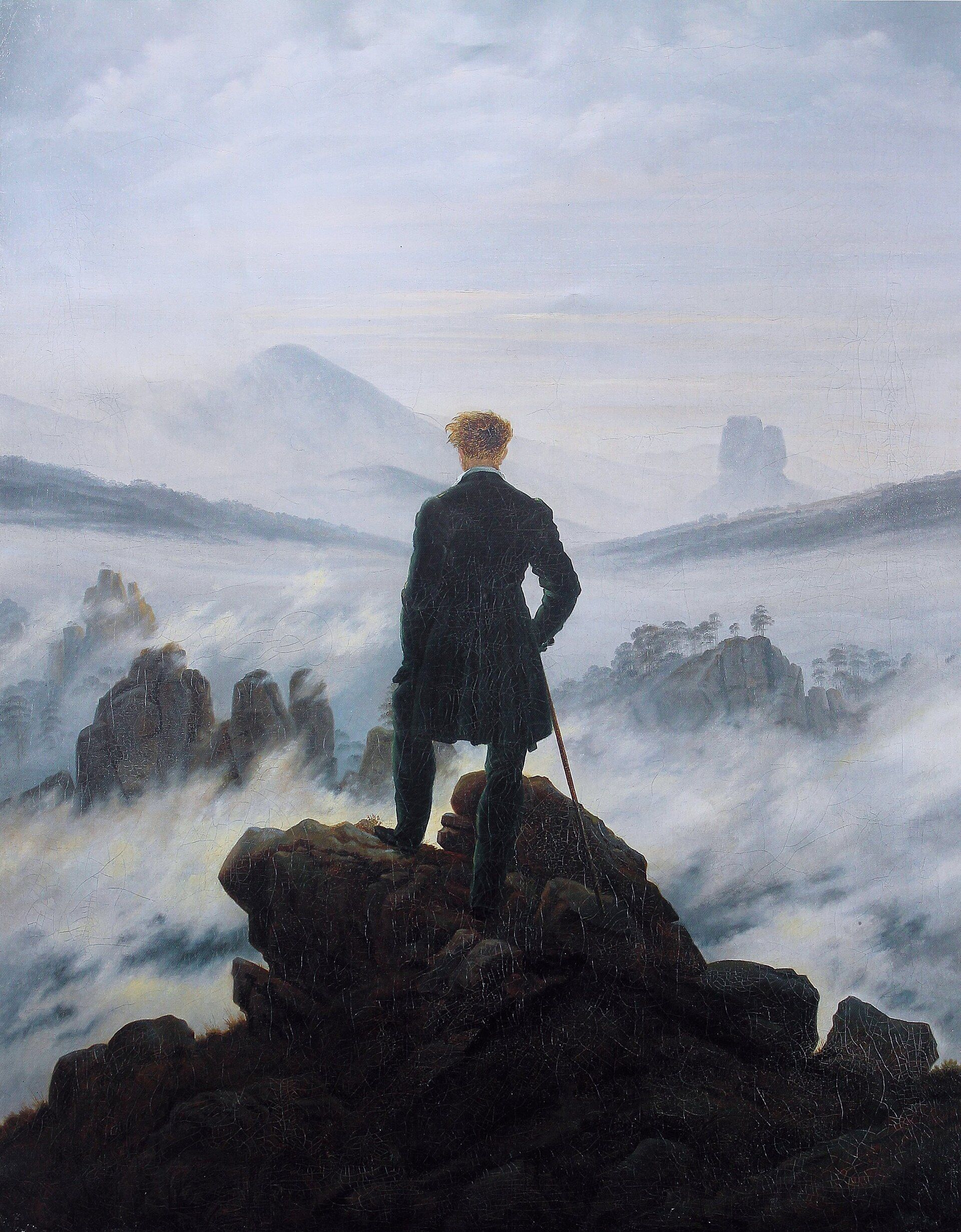 Caspar David Friedrich, Andarilho sobre o mar de névoa (c. 1818): figura de costas no cume, olhando a névoa